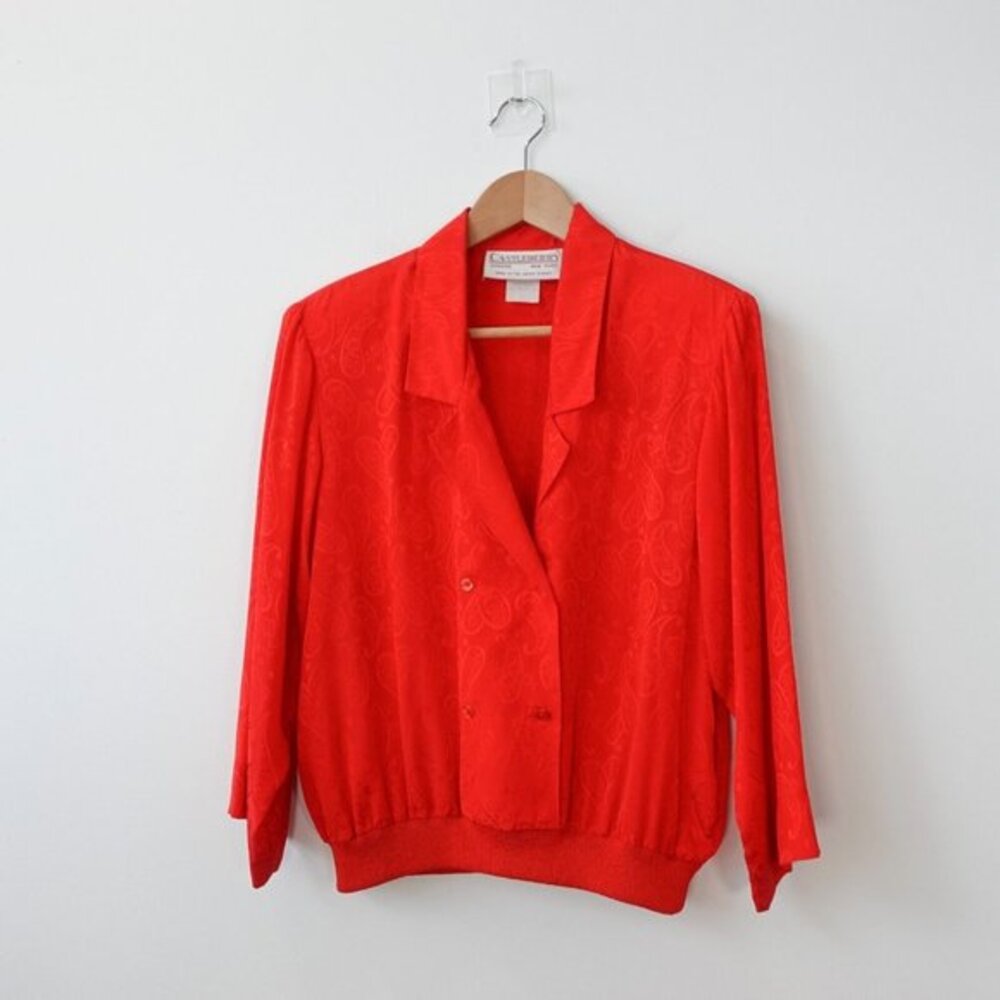VINTAGE 80s Secretary Blouson Top Womens L Red Bold Paisley‎ CASTLEBERRY USA